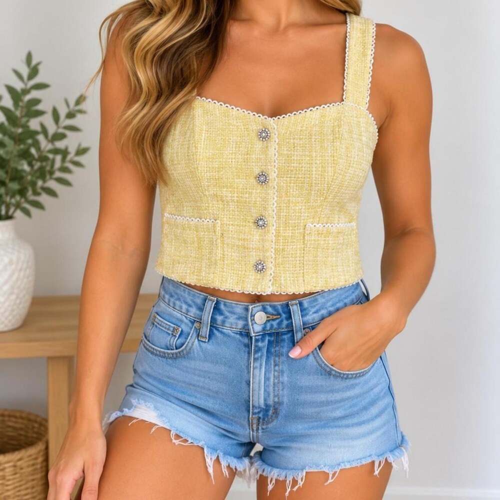 💛 VICI Yellow Tweed Crop Top – Size Large